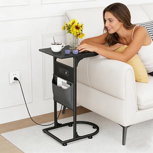 C Shaped End Table with Charging Station, Small Side Table for Couch, C Table Slides Under Sofa with Storage Bag, TV Tray Table for Recliner, Living Room, Bedside, Bedroom, Small Spaces, Black - color: Charging Station Black