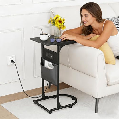 C Shaped End Table with Charging Station, Small Side Table for Couch, C Table Slides Under Sofa with Storage Bag, TV Tray Table for Recliner, Living Room, Bedside, Bedroom, Small Spaces, Black - color: Charging Station Black