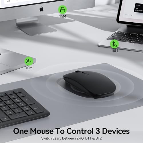 TECKNET Bluetooth Wireless Mouse for Laptop, Ultra-Thin Rechargeable Mouse | Bluetooth 5.2/3.0 & 2.4G, 6-Level Adjustable 4800 DPI Computer Mouse for Mac OS, iPad, Windows, Android - color: black
