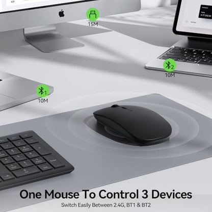 TECKNET Bluetooth Wireless Mouse for Laptop, Ultra-Thin Rechargeable Mouse | Bluetooth 5.2/3.0 & 2.4G, 6-Level Adjustable 4800 DPI Computer Mouse for Mac OS, iPad, Windows, Android - color: black