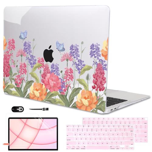 for MacBook Air 13 inch M1 Case 2021 2020 2019 2018 (Model M1 A2337 A2179 A1932) with Touch ID & Retina Display, Printed Pattern Hard Shell Case Keyboard Cover, Pink & Purple Flowers - color: Pink & Purple Flowers