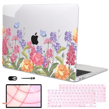 for MacBook Air 13 inch M1 Case 2021 2020 2019 2018 (Model M1 A2337 A2179 A1932) with Touch ID & Retina Display, Printed Pattern Hard Shell Case Keyboard Cover, Pink & Purple Flowers - color: Pink & Purple Flowers