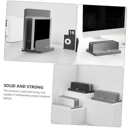 KOMBIUDA Aluminum Adjustable Dual-Slot Vertical Laptop Stand Tablet Base Holder Gray for Desk Organization and Space Saving