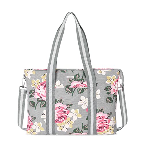 MOSISO Laptop Tote Bag for Women (17-17.3 inch), Canvas Rose Multifunctional Work Travel Shopping Duffel Carrying Shoulder Handbag Compatible with MacBook, Notebook and Chromebook, Grey