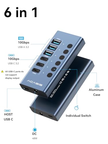 Powered USB 3.2 Hub, ACASIS 6 Ports USB 3.2 Hub(3 USB-A 3.2 Ports + 3 USB-C 3.2 Ports), Aluminum USB Hub Powered with 48W Power Adapter, USB Hub for PC/Laptop, Computer, Flash Drive, Printer, Camera - size: 6 Ports