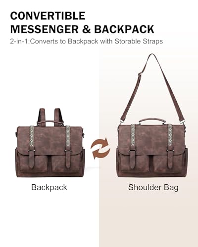 Messenger Bag for Women, 17L Leather Satchel Backpack Purse | Large Laptop Briefcase Multi Pocket Shoulder Bags, Spacious Compartments for Office, Travel, Work, Business, Daily Gift - color: Coffee Brown Retro Style