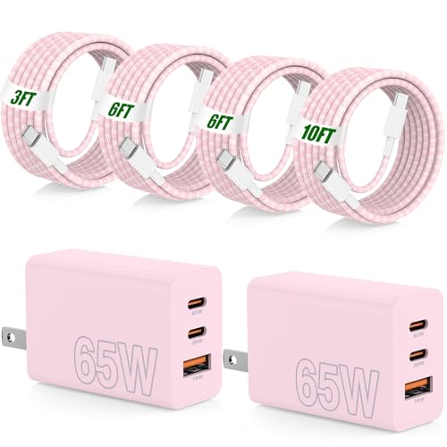 65W Super Fast Charging USB C for iPhone 17 16 Pro Max,3 Port 100W USB C Charger Block & 3/6/6/10FT Braided Type C Cord for iPhone 17 16 Pro,iPhone 15 Pro Max,for Samsung S26 Ultra/MacBook Air-Pink - color: Pink, size: 10FT+6FT+6FT+3FT