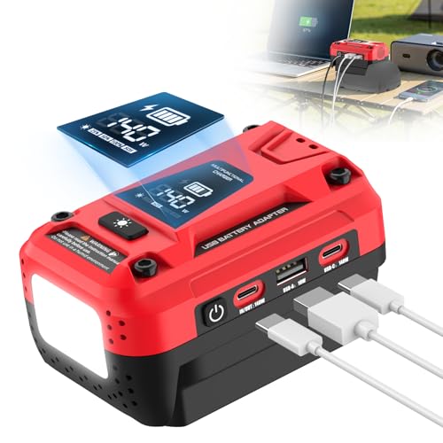 140W USB Battery Charger Compatible with Milwaukee 18V Battery | Type-C Input & Output Fast Charging, 18W USB-A, Portable Phone Charger with 700LM LED Work Light, LED Screen Display - color: Red