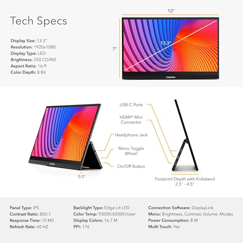 SideTrak Solo Pro 13” Touchscreen Portable Monitor for Laptop | 1080p LED Small Laptop Screen Extender | Kickstand | 10ms Response Time | 60Hz Refresh Rate | USb-C, Mini-HD | 1.6 lbs Travel Monitor