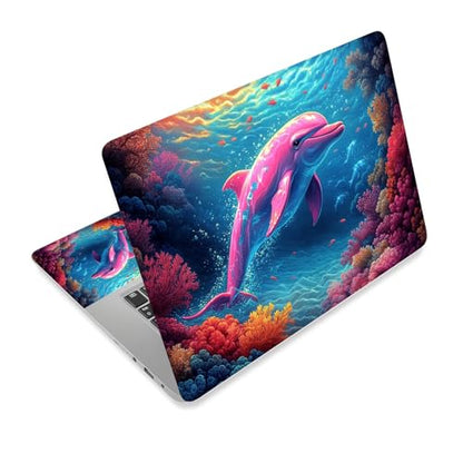 Universal Laptop Skin Sticker Decal,15.6 Inch Laptop Vinyl Cover for 13" 14" 15.6" Laptop,Scratch-Resistant Waterproof Protector Wrap,Reusable with Wrist Pads,Pink Ocean Dolphin - color: Pink Ocean Dolphin