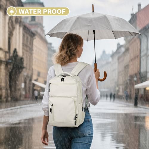 Waterproof Laptop Backpack for Men & Women, Flight Approved Anti-Theft Daypack with 15.6-inch Laptop Sleeve (Beige) - color: Beige