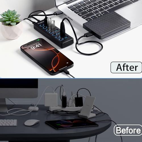 USB 3.0 SuperSpeed Hub with 1M Line, 7 Ports Splitter with Individual Power Switches and LED Light