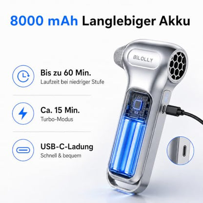 BiLOLLY Compressed Air Duster, 130000RPM Electric Air Duster, Cordless Rechargeable Air Blower, Turbo Fan Mini Blower, Violent Fan with 5 Nozzles for Keyboard, Computer, Laptop, Car & Home