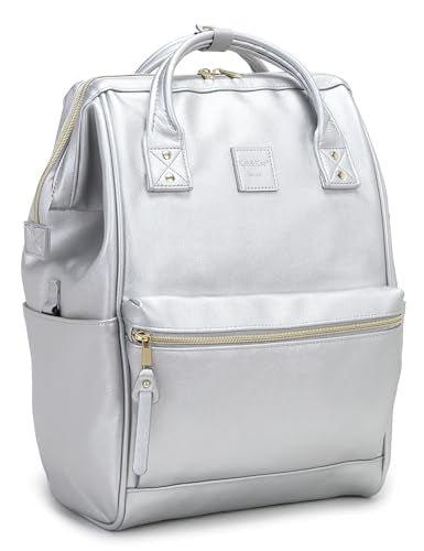 Kah&Kee Leather Laptop Backpack for Women 16 inch Teacher Work Travel Bag | Premium water-resistant PU leather. Fits 15.6″ & 16″ laptops. Anti-theft pocket, luggage strap. Ideal for daily commute. - color: Silver, size: Large