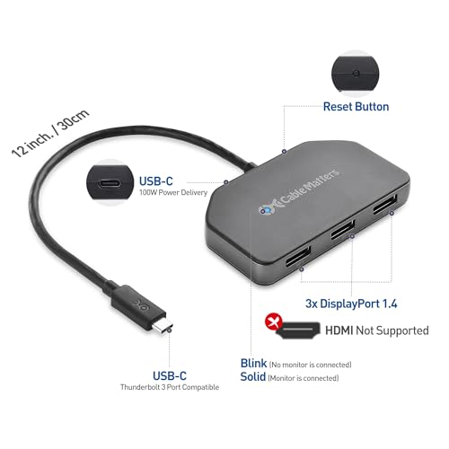 Cable Matters Windows Only Triple Monitor USB C Hub, 3X DisplayPort | 100W Charging, 8K@30Hz / 4K@120Hz HDR, Thunderbolt 4/USB4 Compatible, for Surface Pro/XPS