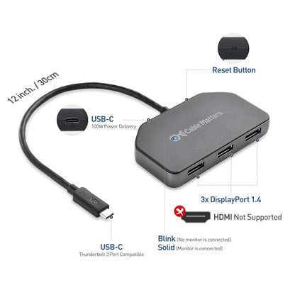 Cable Matters Windows Only Triple Monitor USB C Hub, 3X DisplayPort | 100W Charging, 8K@30Hz / 4K@120Hz HDR, Thunderbolt 4/USB4 Compatible, for Surface Pro/XPS