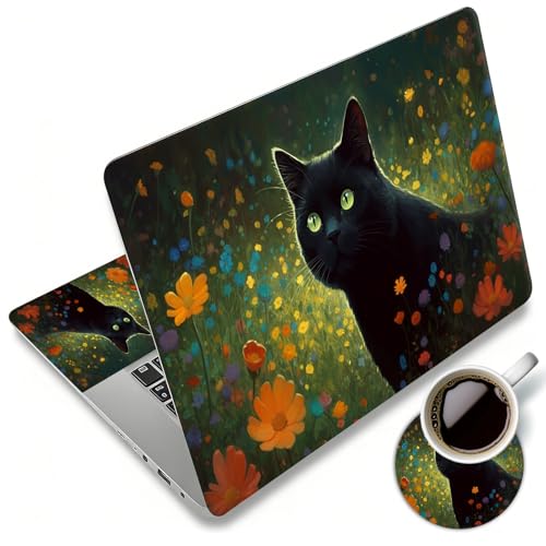 Laptop Skin Sticker Decal 12"-15.6" Universal Laptop/Notebook/Netbook Vinyl - Waterproof Scratch Resistant,Fits HP Dell Lenovo MacBook,2 Free Wrist Pads,Easy Apply & Remove,Cat Wildflower - color: Cat Wildflower