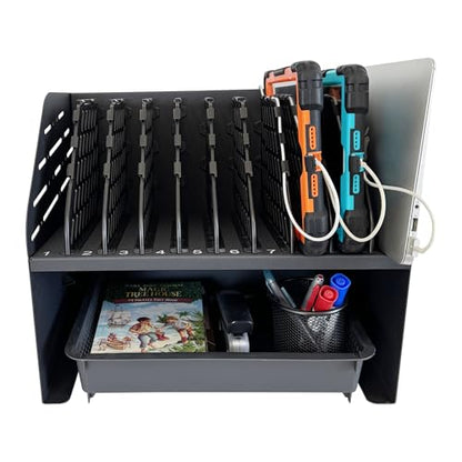 10-Device Laptop & Tablet Charging Station with 6 AC Outlets & 4 Fast-Charging USB Ports, Charging Rack for Chromebooks, iPads & Devices Up to 15.6", Classroom, Office & Library Organizer - color: Black with 10-Device Charging Station