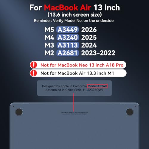 BlueSwan for MacBook Air 13 inch Case, M5 M4 M3 M2 2026-2022 Laptop Cover | 100% Match Official Color, Matte Grippy Texture, Scratch Resistant, Easy to Snap on, Air 13.6 Protective Hard Shell - color: Midnight Clear