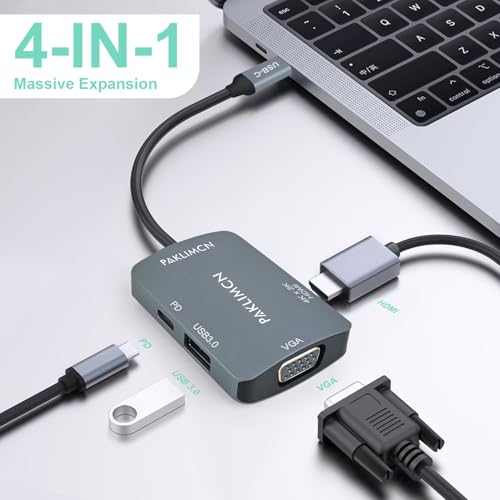 USB-C HUB USB C to HDMI VGA USB3.0 PD Adapter, TYPEC to USB Adapter, USB Type-C 90W Power 4in1 Delivery, Compatible with iPhone 15, MacBook Pro/Air 2023,