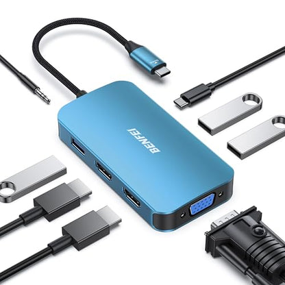 BENFEI USB C Docking Station, 8-in-1 USB C Hub with Triple Display Dual HDMI, VGA, 3*USB 3.0, 100W Power Delivery, 3.5mm AUX Audio Compatible with MacBook Pro, XPS and More - color: Blue, size: 8-in-1
