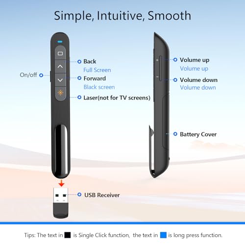 Bluetooth Presentation Clicker for PowerPoint, Wireless Presenter | ①Red laser pointer②Projector clicker③USB Powerpoint Clicker ④Powered by 1 AAA Battery⑤Customizable Button⑥Bluetooth - color: Red- AAA - USB-A&BLE