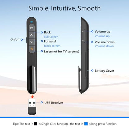 Bluetooth Presentation Clicker for PowerPoint, Wireless Presenter | ①Red laser pointer②Projector clicker③USB Powerpoint Clicker ④Powered by 1 AAA Battery⑤Customizable Button⑥Bluetooth - color: Red- AAA - USB-A&BLE