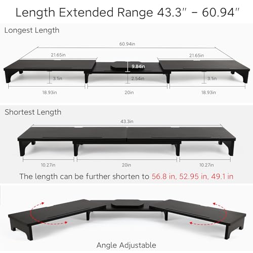 Nnewvante Monitor Stand Riser, 60 inch Large Bamboo Dual Monitor Stand for Desk, 3 Shelves Desktop Screen Riser with Adjustable Length Angle for Computer Laptop PC,Black