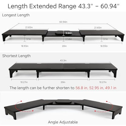 Nnewvante Monitor Stand Riser, 60 inch Large Bamboo Dual Monitor Stand for Desk, 3 Shelves Desktop Screen Riser with Adjustable Length Angle for Computer Laptop PC,Black