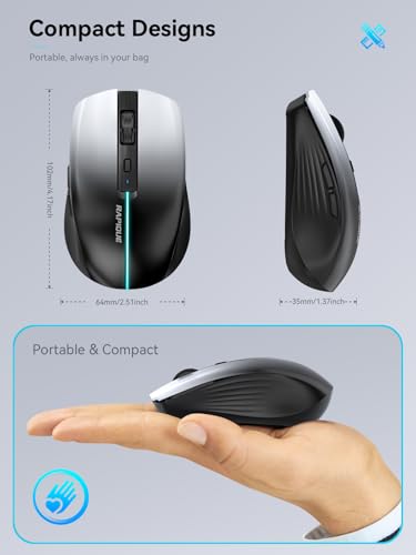 RAPIQUE Bluetooth Wireless Mouse, Dual Bluetooth 5.1 & 2.4G, White to Black | 3-Device Switching, USB-C Rechargeable, Quiet Clicks, 800/1200/1600 DPI, Ergonomic 6-Button for Laptop/MacBook/PC - color: White to Black Gradient