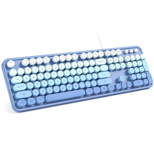 MOWUX Computer Keyboard Wired, Plug and Play USB Retro Round Typewriter Keyboard, Full Size Wired Keyboard with Foldable Stands for Laptop and Office PC- Black Purple Gradient - color: Blue Gradient
