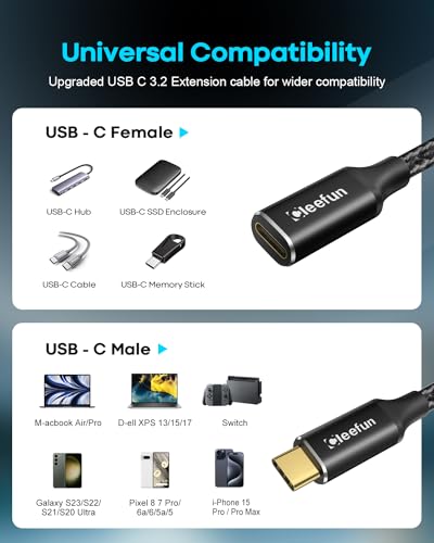 CLEEFUN USB-C Extension Cable 1ft 2-Pack, USB-C Male to Female, 10Gbps Data & 4K Video Sync, 100W Fast Charging for Laptop, Tablet, Phone - color: Black, size: 1ft