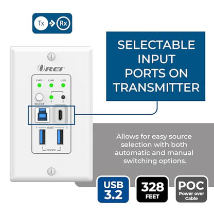OREI USB Over Cat6 Extender 330ft, Two-Way PoC, RS-232, GPIO Support, Gen 1 | HDMI Over Ethernet with Host Extension, USB Over CAT6 – 5Gbps, Auto/Manual Host Switching, Plug & Play - size: w/ TX Wall Plate