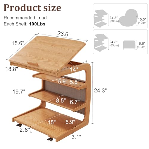 AQIMUELE Rolling Side Table, C Shaped End Table, C Table with 4 Wheels Solid Wood Small Rolling Desk with Adjustable Desktop,C Shaped End Table for Couch,Home Office(15.6" D x 23.6" W x 24.3" H) - color: Natural, size: 15.6"D x 23.6"W x 24.8"H, style: Mod