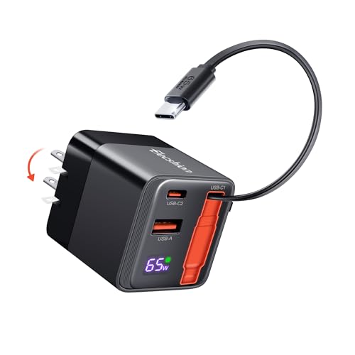 65W Retractable Wall Charger, USB C Charger Block Built-in Type C Cable | Dual Port, PD PPS Fast Charging GaN Power Adapter Travel Charger for MacBook,Lenovo IdeaPad,iPhone 16 Pro Max,Galaxy S24