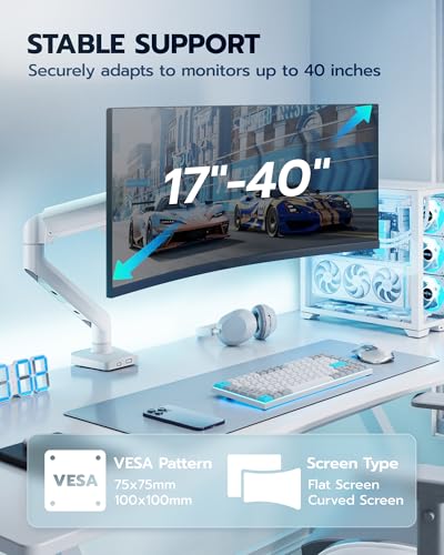 ARES WING Heavy Duty Single Monitor Arm - Fully Adjustable Monitor Mount for 17"-40" Ultrawide Screens up to 26.4 lbs with Clamp/Grommet Desk Mount, 75/100 Vesa Mount, White - color: White, style: Non USB