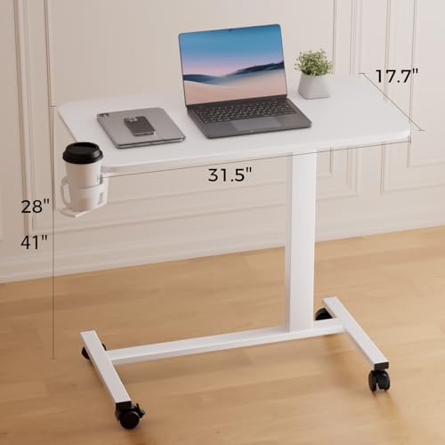 COMHOMA Adjustable Overbed Bedside Table with Lockable Wheels, Pneumatic Mobile Standing Laptop Desk, Small Portable Rolling Overbed Table Hospital Home Use(32" W x 18" D, White) - color: White, size: Large