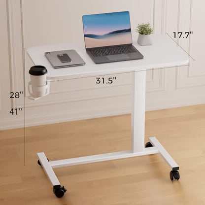 COMHOMA Adjustable Overbed Bedside Table with Lockable Wheels, Pneumatic Mobile Standing Laptop Desk, Small Portable Rolling Overbed Table Hospital Home Use(32" W x 18" D, White) - color: White, size: Large