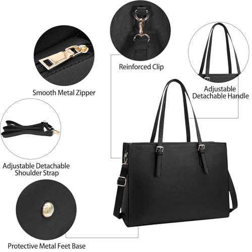 NUBILY Laptop Bag for Women 15.6" Computer Tote Bag Handbag Shoulder Bag | Waterproof Lightweight Leather Large Capacity Work Bag Business Office Briefcase Detachable Strap Satchel - color: Black