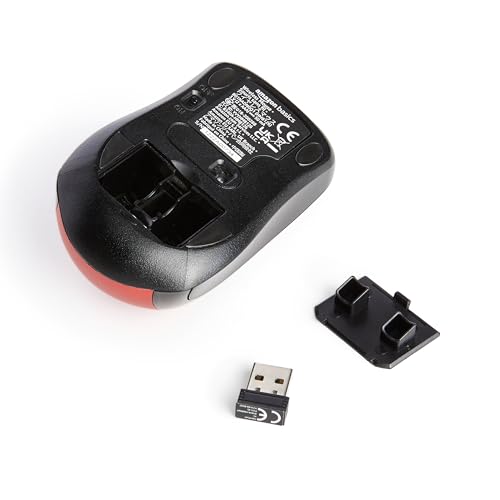 Amazon Basics 2.4 GHz Optical Wireless Mouse for Laptop and Computer, USB Nano Receiver, Red - color: Red, style: 1-Pack