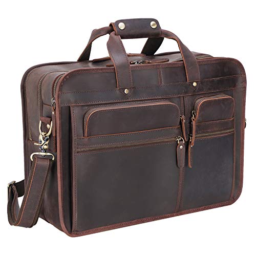 Men's Full Grain Leather Briefcase Large 17 Inch Business Travel Laptop Messenger Bag Tote with YKK Metal Zippers - color: Dark Brown