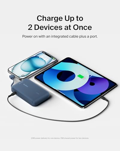 Belkin 10000mAh 20W USB C Power Bank, Portable Charger for iPhone & iPad | Fast Charging, Integrated USB C Cable, Eatra USB C Port, iPhone 17, iPad, Samsung Galaxy S26, Charge 2 Devices - color: Blue, style: 10K mAh