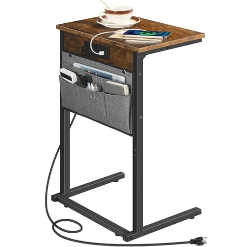 HOOBRO C Shaped End Table with Charging Station, 28" H Couch Side Table Slide Under, Sofa Arm Tray Table with Storage Bag for Living Room, Recliner, Rustic Brown BF70USF01 - color: Rustic Brown