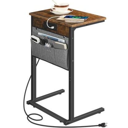 HOOBRO C Shaped End Table with Charging Station, 28" H Couch Side Table Slide Under, Sofa Arm Tray Table with Storage Bag for Living Room, Recliner, Rustic Brown BF70USF01 - color: Rustic Brown