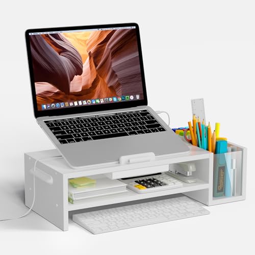 AFOOYO Adjustable Wood Laptop Stand, Ergonomic Height & Angle Computer Riser with Pen Holder – Compatible with MacBook Air/Pro, Dell, HP, Lenovo & 10-17.3" Notebooks – White - color: White, size: With Pen Holder