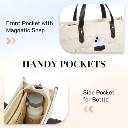 Missnine Laptop Tote Bag Canvas Laptop Bag 15.6 inch Work Shoulder Bags Casual Briefcase Handbag for Travel, Office, College - color: Black+beige