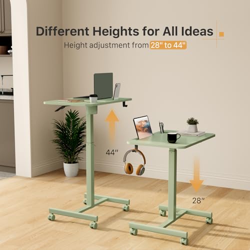 28” Rolling Standing Desk Height Adjustable with 4 Lockable Wheels | Small Mobile Laptop Stand Up Cart with Cup Holder, Portable Teacher Computer Workstation with Hook and Slots, Green - color: Green