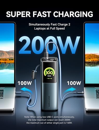 VENTION Powerhive 27000mAh Laptop Power Bank, 200W, Built-in and Extra 240W USB-C Cables, Portable Laptop Charger, Digital Display, for iPhone 17/16/15/14/13 Pro Max, MacBook, Dell, HP, Galaxy S24