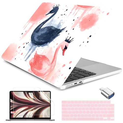 Batianda LumiArt Case for MacBook Air 13.6" M2-M5 Chip, Crown Swan | 4-in-1 set with artistic watercolor crown swan design, ultra slim hard shell protection for sister daughter school college - color: Swan