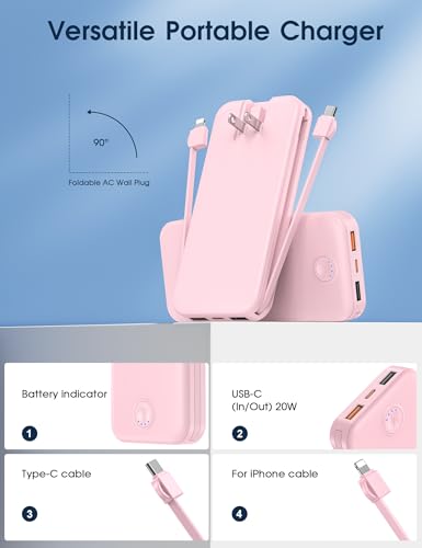 Nusyddy Portable Charger 10000mAh Fast Charging w/Built-in Wall Plug Pink | PD20W Fast Charging, LED Indicator, Pass Through Charging, TSA Approved, Compact/Slim, Power Bank for iPhone/iPad/Samsung - color: Pink